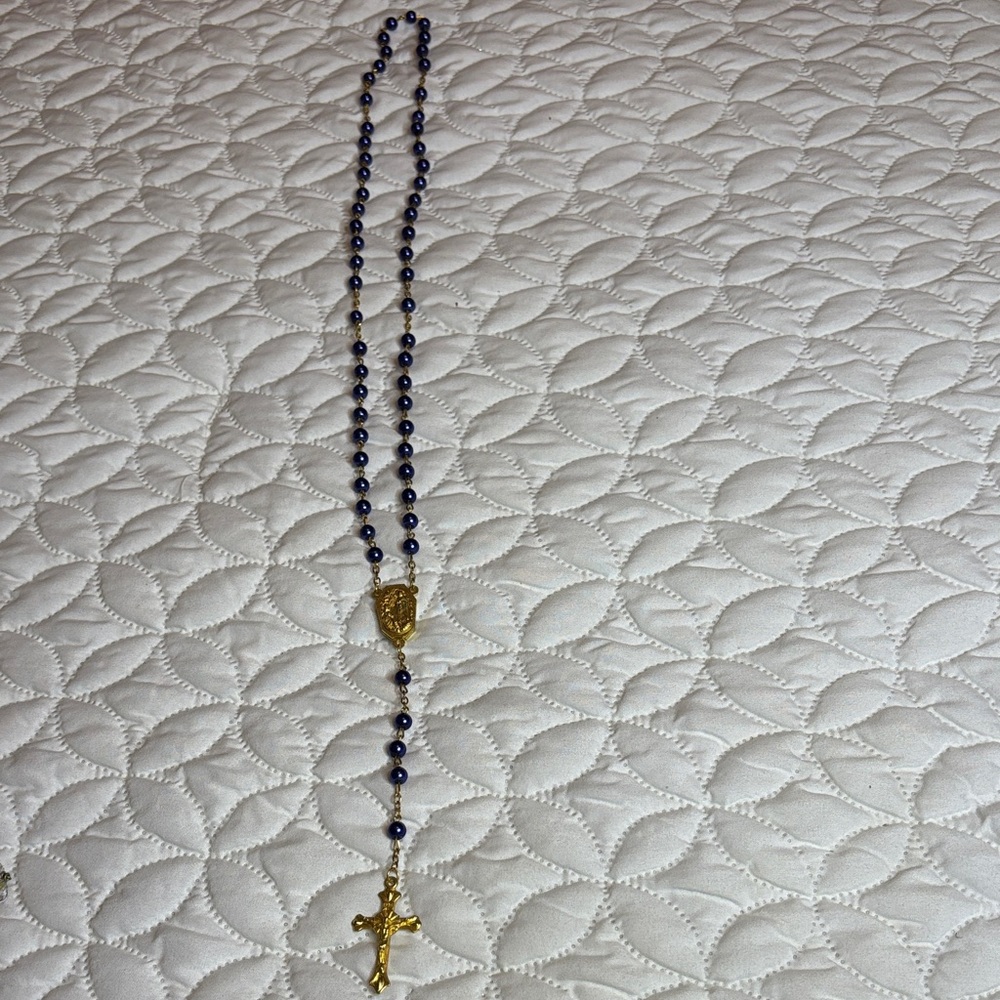 INRI Gold Tone and Blue Beaded Rosary Necklace with Cross Pendant